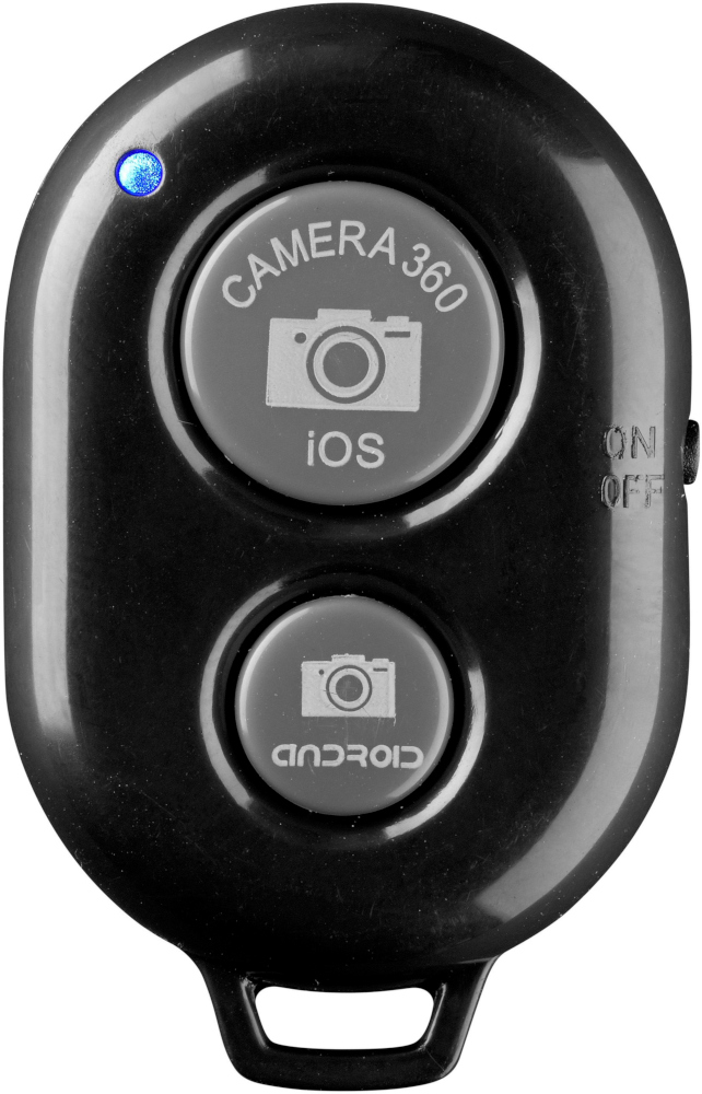 Zwarte afstandsbediening met twee knoppen voor een camera, met 'Camera 360' en 'iOS/Android'.