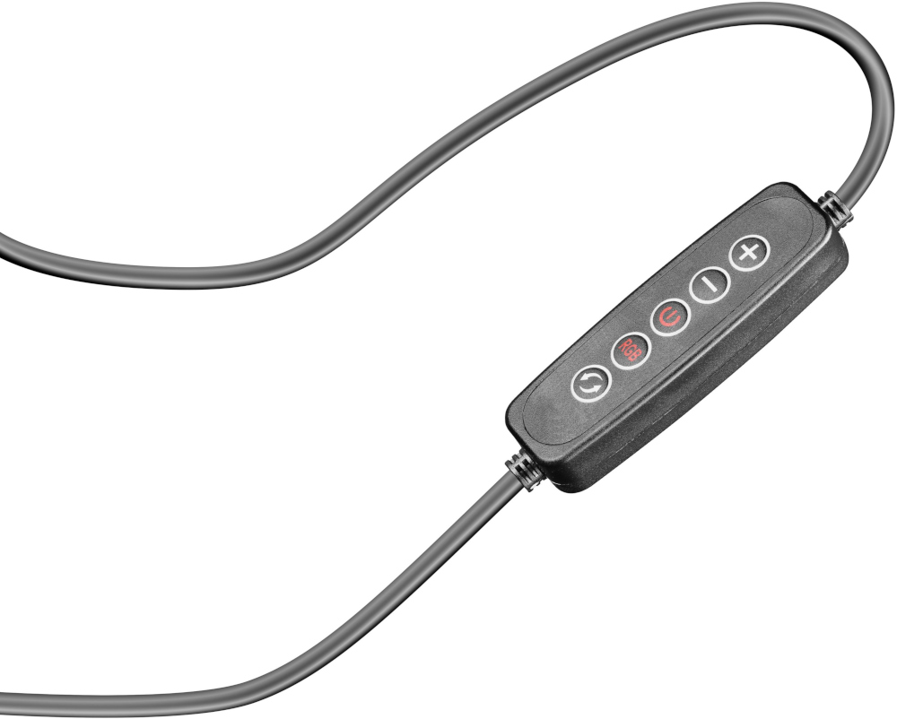 Zwart bedieningspaneel van een kabel met knoppen voor volume, dempen en een belknop.