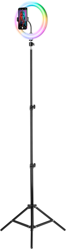 Ringlicht setup met telefoon. Een telefoon is gemonteerd op het licht, dat een standaard en een statief heeft.