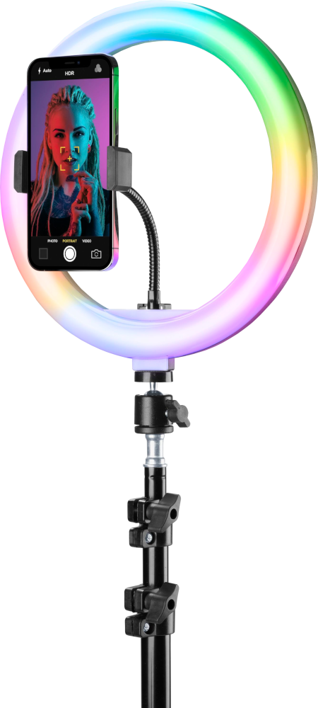 Ringlicht met een telefoon die een vrouw toont, en kleurrijke lichten.