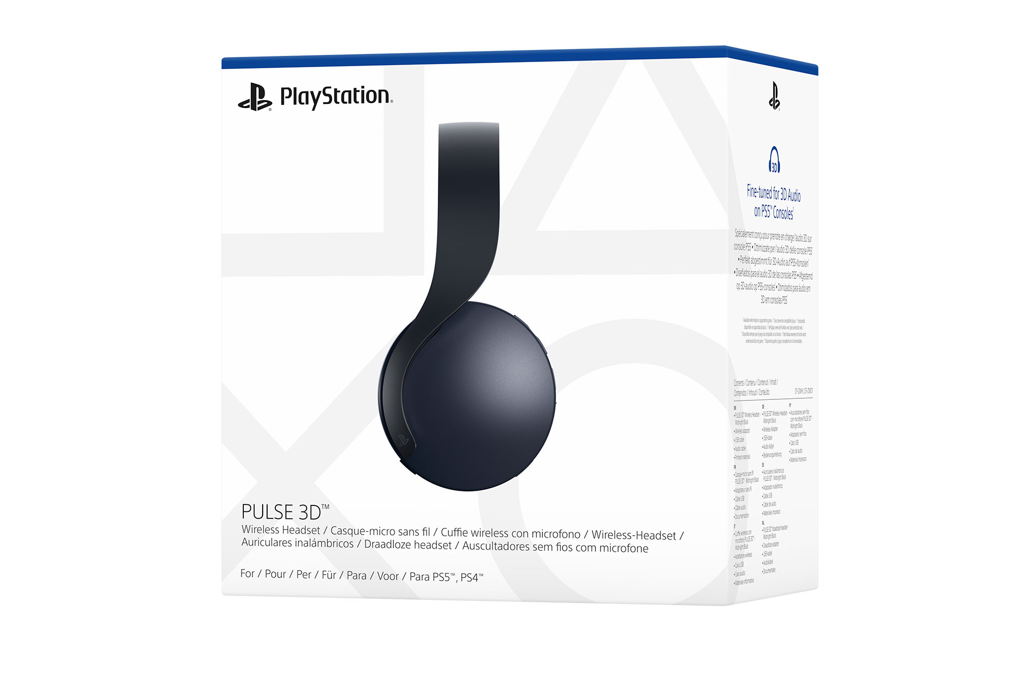 Een witte en blauwe PlayStation Pulse 3D draadloze headset doos op een witte achtergrond.