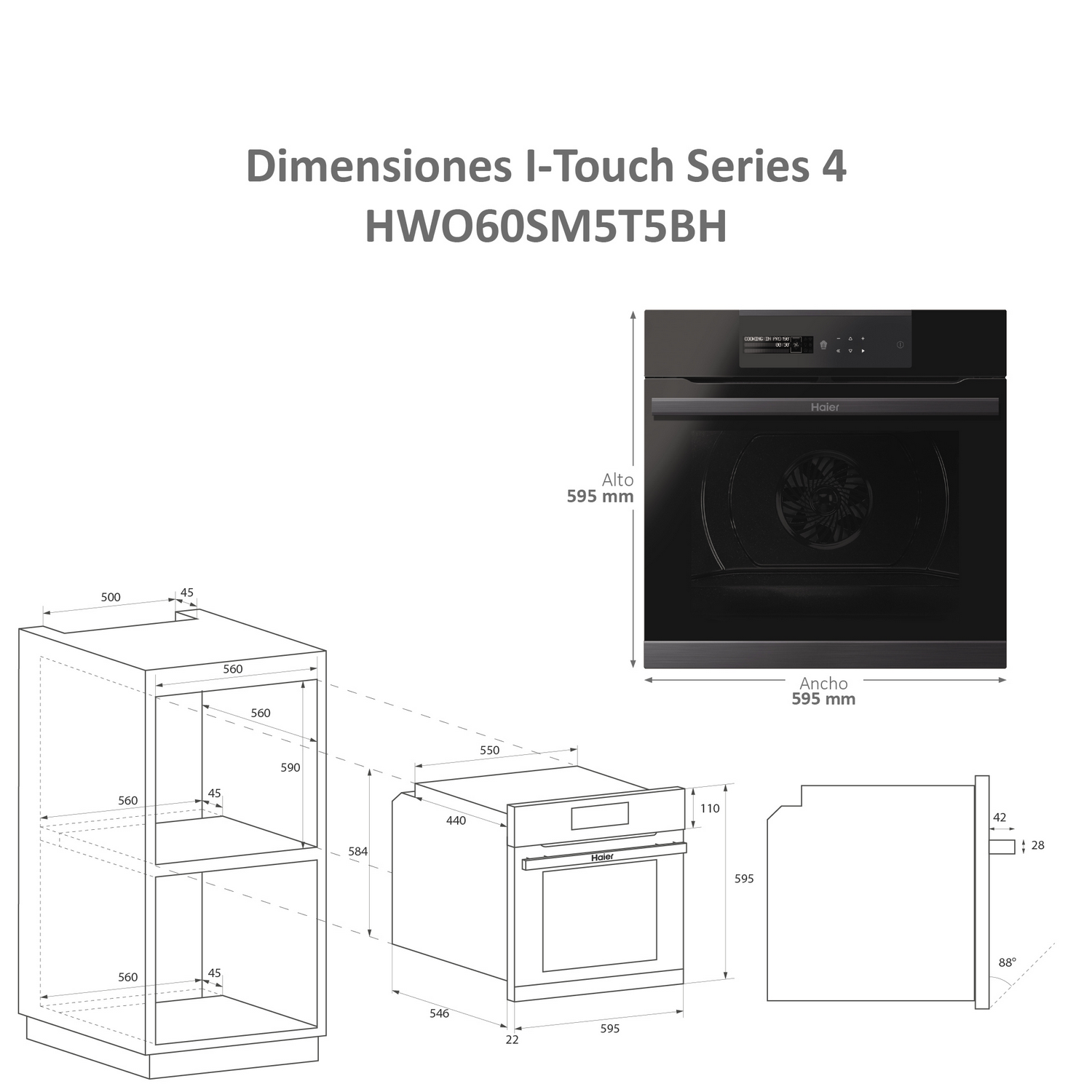 Un diagrama que muestra un horno y sus medidas, junto con un armario.