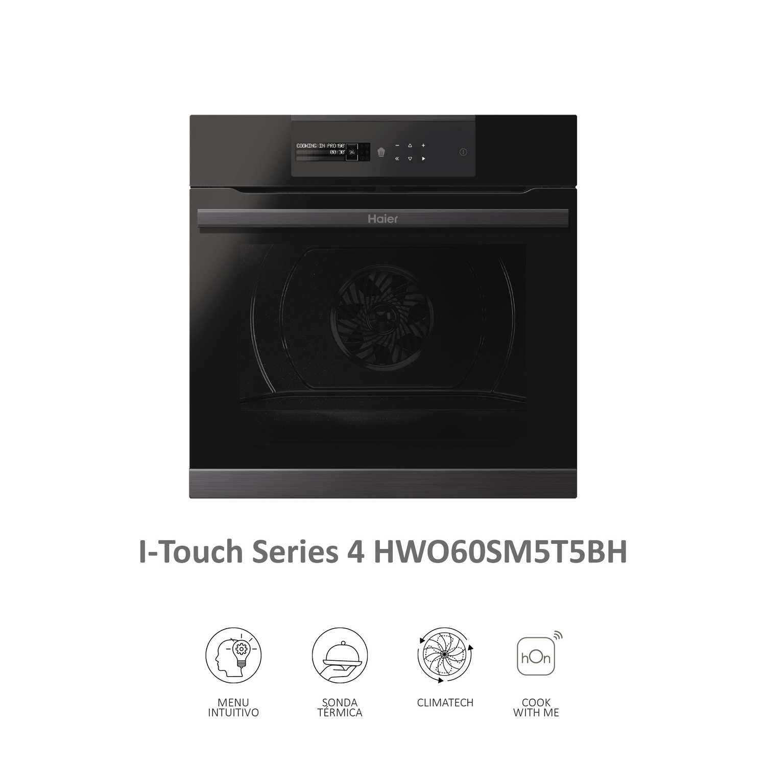Un horno empotrado negro con pantalla digital y controles táctiles, con una serie de iconos.