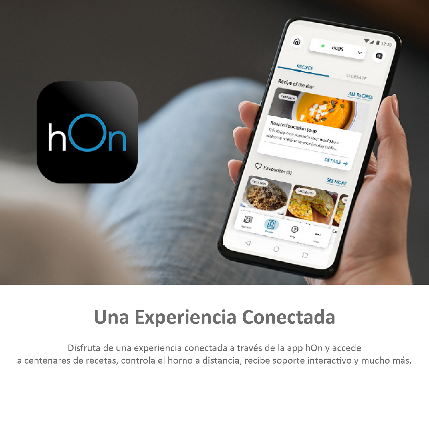 Smartphone mostrando una app de recetas, sostenido por una persona. Texto: 'Una Experiencia Conectada'.