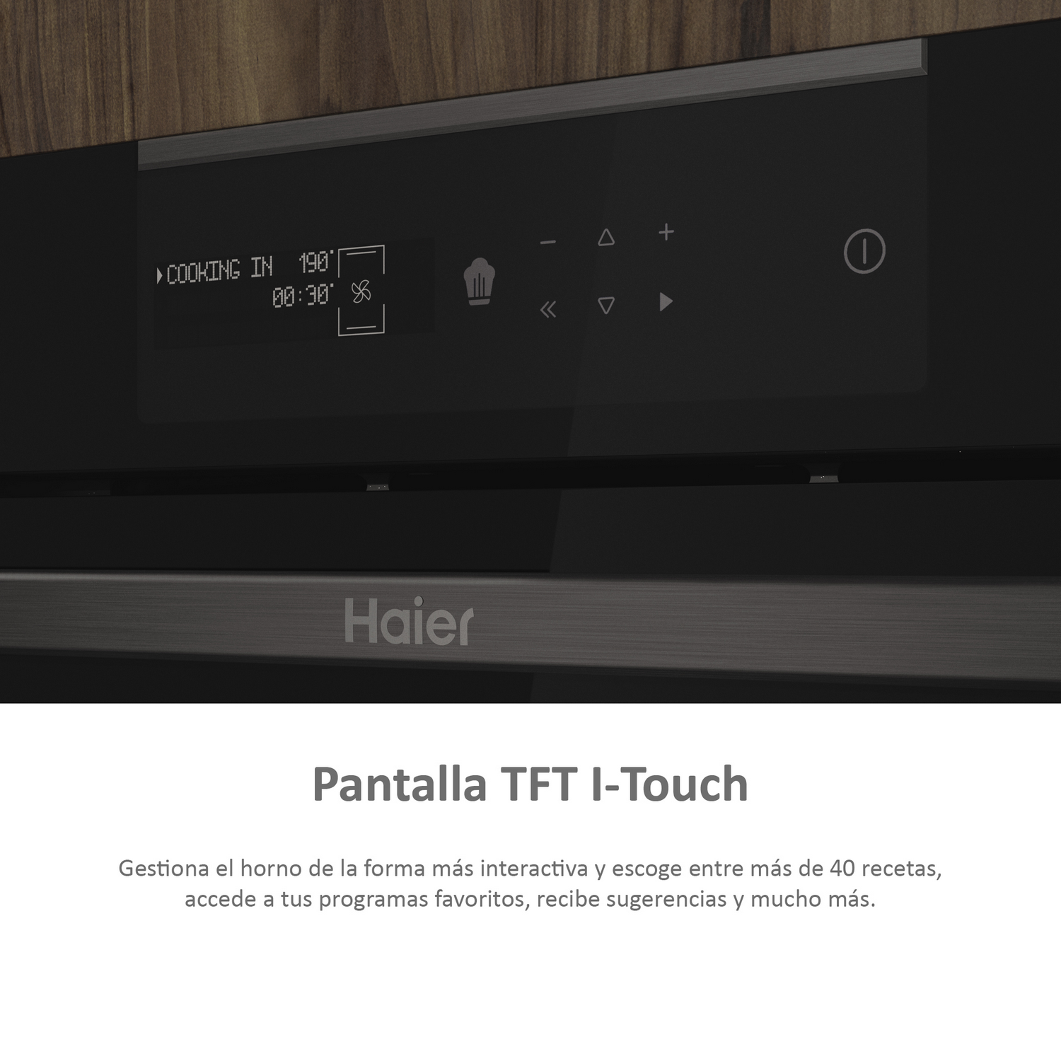 Panel de control del horno con pantalla digital y nombre de la marca Haier, primer plano.