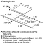 Diagramme avec dimensions pour une table de cuisson. Texte en néerlandais. Fond blanc.