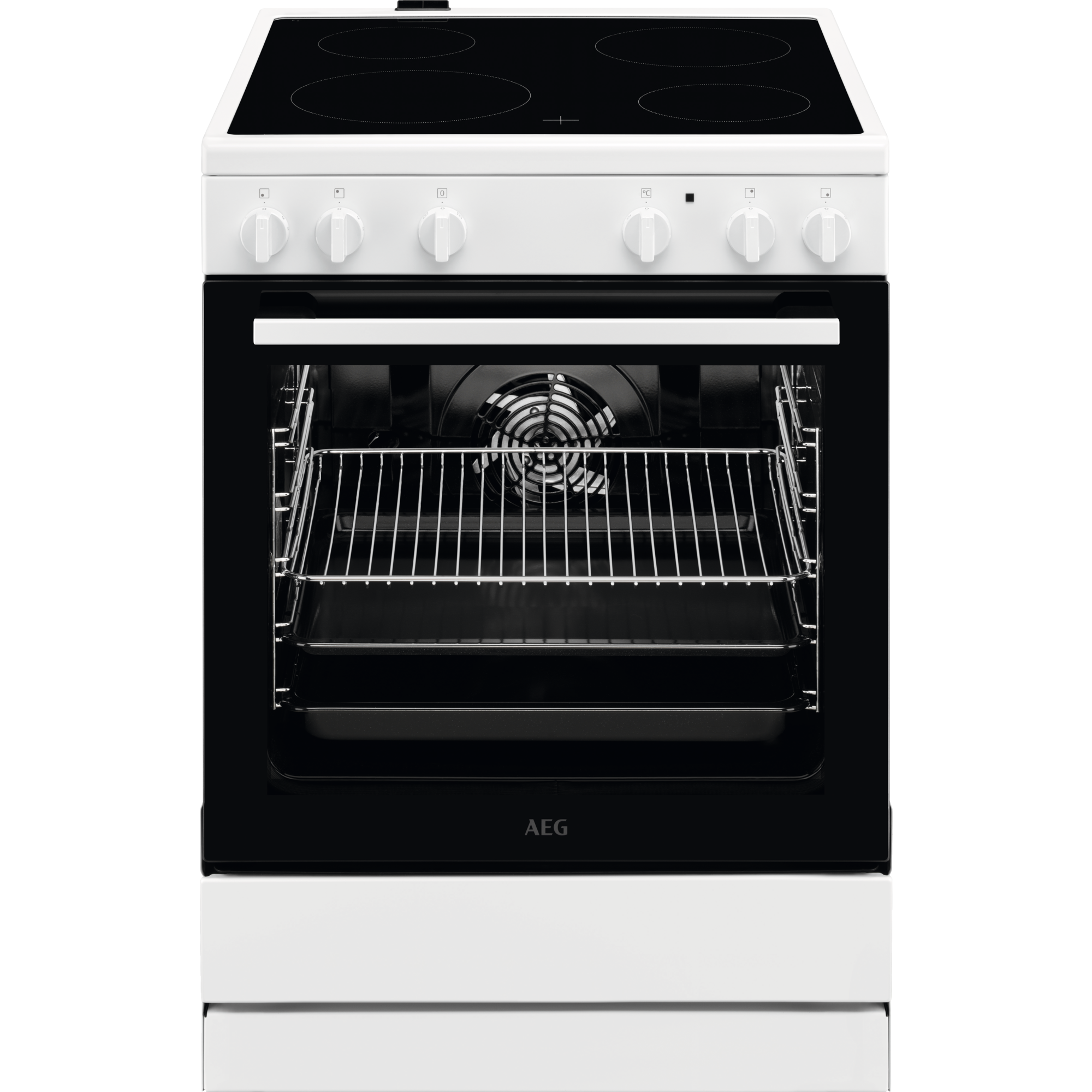 White AEG oven, with open door showing interior.