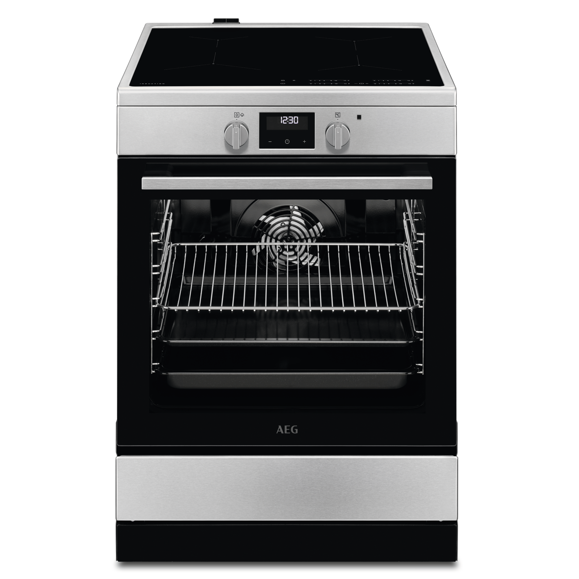 An AEG electric oven and hob. Stainless steel finish, open oven door, black hob.