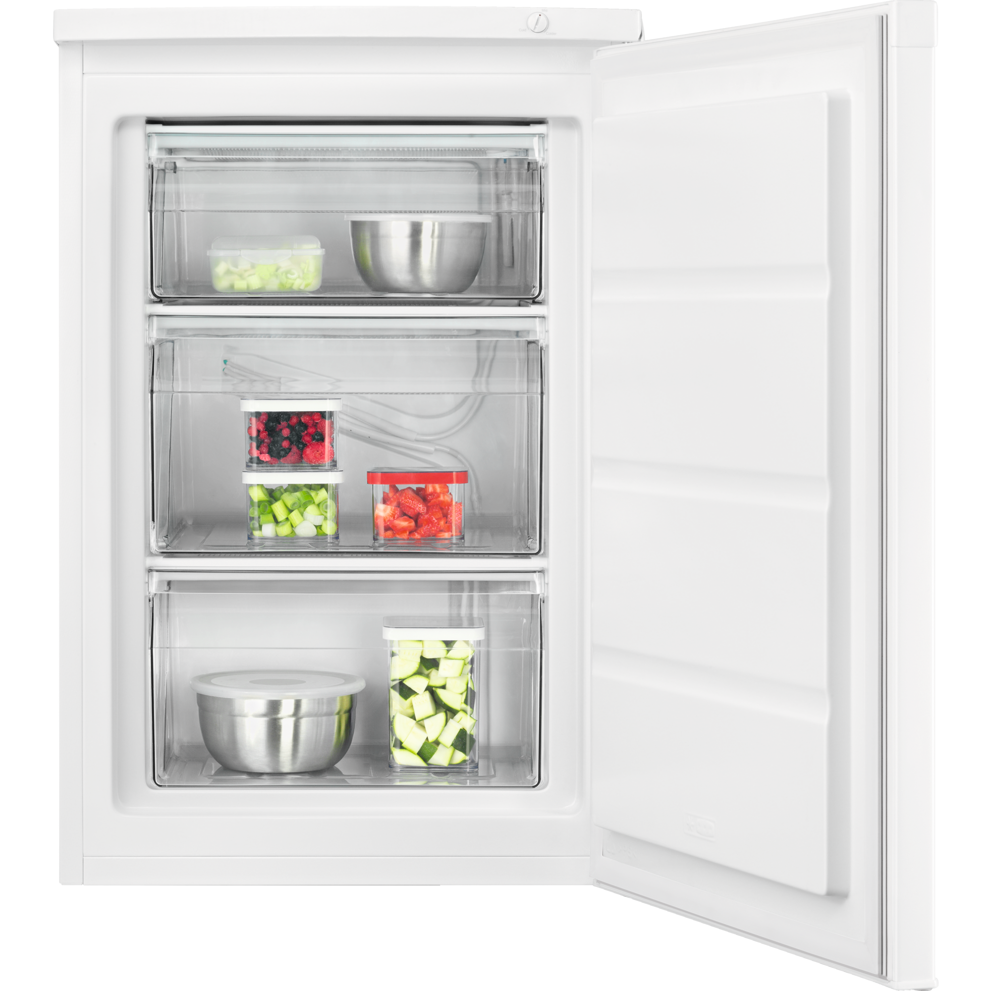 Open freezer with three drawers, each with food inside.
