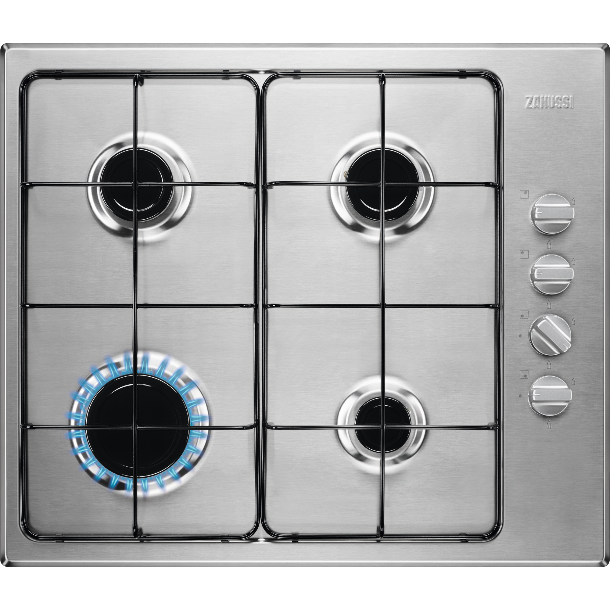 Table de cuisson à gaz Zanussi en acier inoxydable avec quatre brûleurs. Un brûleur est allumé avec une flamme bleue.