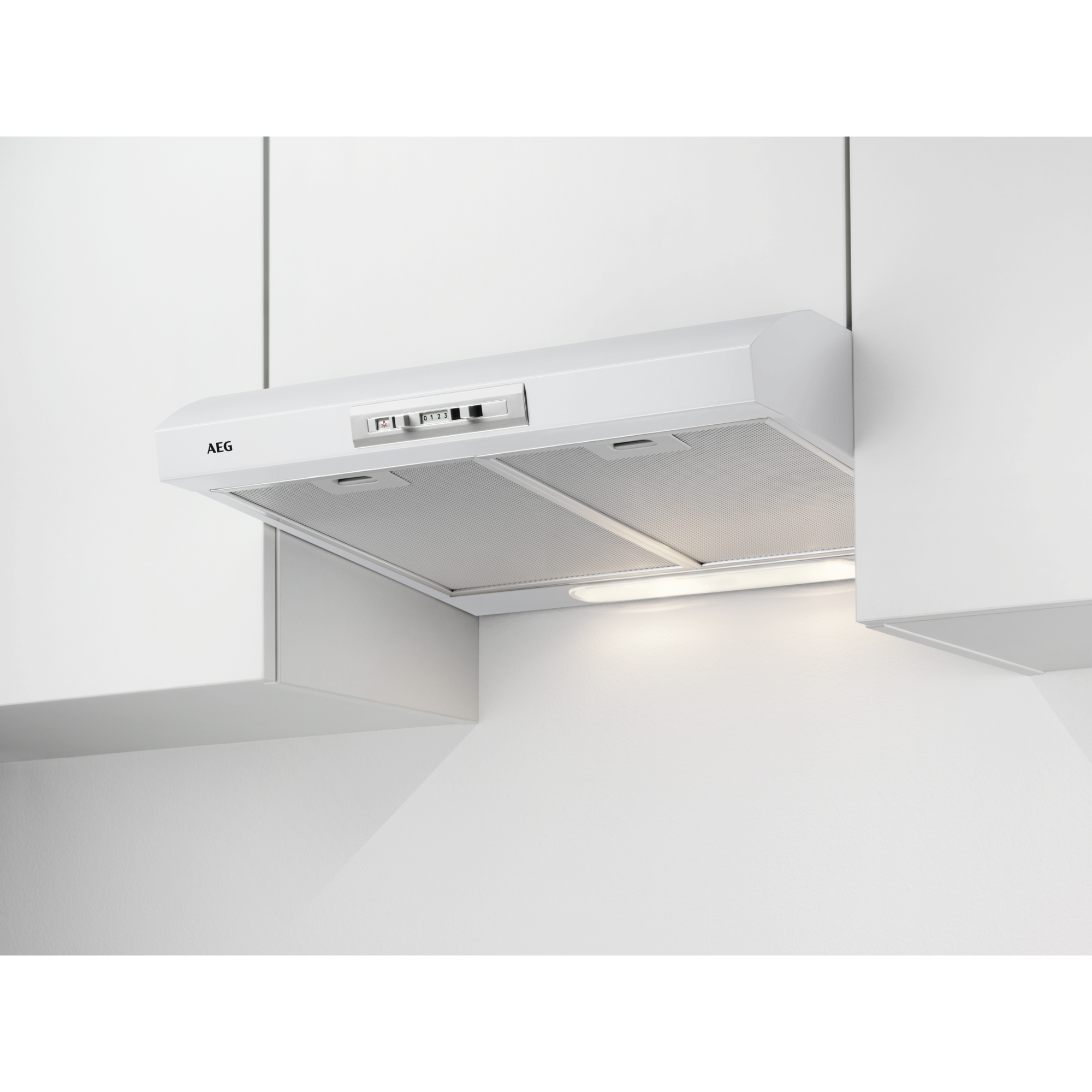 White AEG range hood mounted on a white wall, with a silver mesh filter and light.
