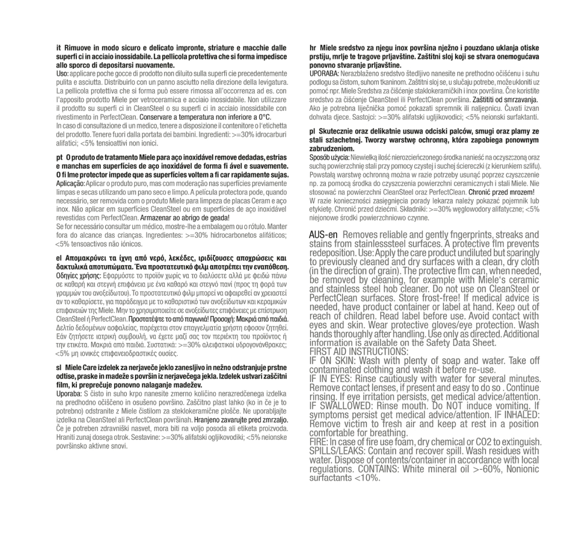 Anweisungen zur Verwendung von Reinigungsprodukten, Warnsymbole und Sicherheitsmaßnahmen.