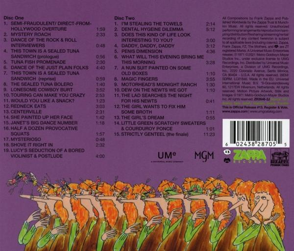 Album borítója számlistákkal, előadó nevével és lila színvilággal. Több figurát tartalmaz.