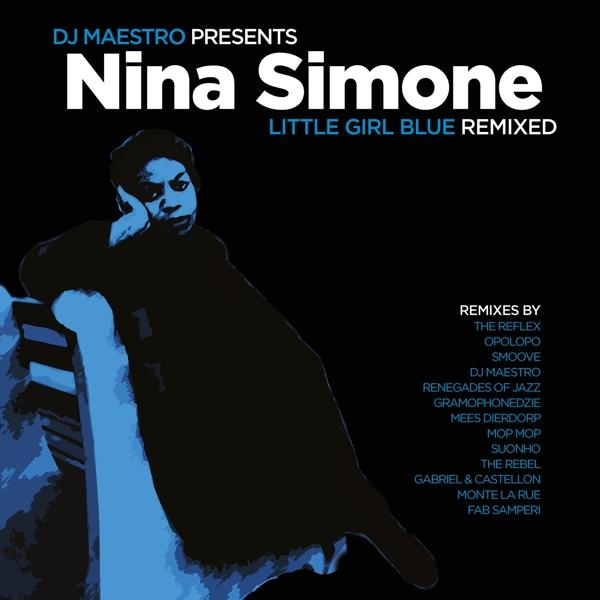 Albumhoes: Nina Simone, Little Girl Blue Remixed. Een blauwgekleurde afbeelding van een vrouw.