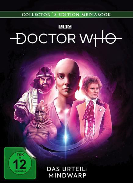 Doctor Who DVD-Cover mit drei Charakteren vor einem lila-schwarzen Hintergrund.