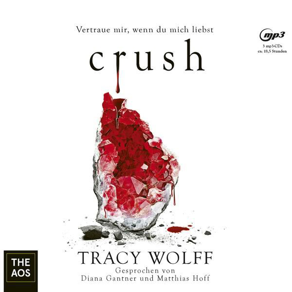 Buchcover: „Crush“ mit einem roten Kristall und tropfender Flüssigkeit.