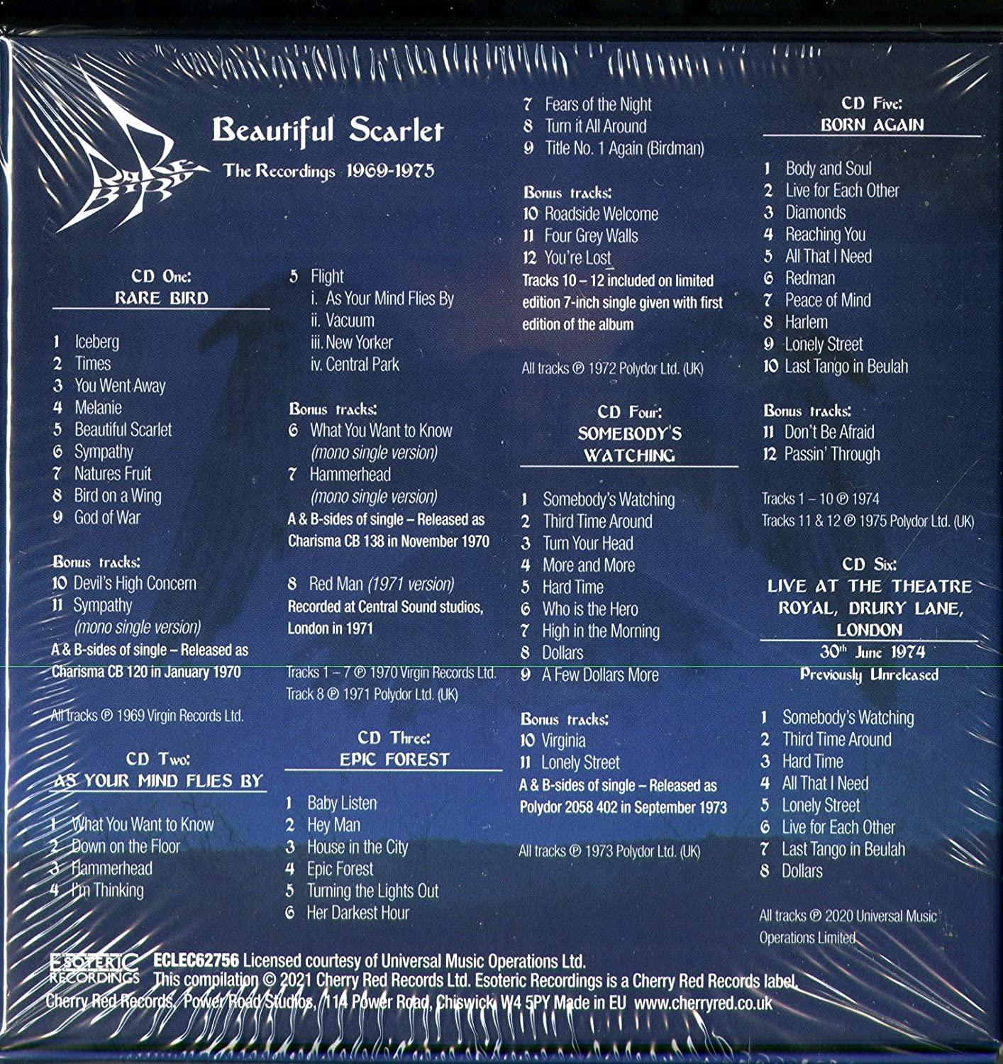 Albumcover mit Text und Song-Listen. Mehrere Abschnitte mit Text auf weißem Hintergrund.