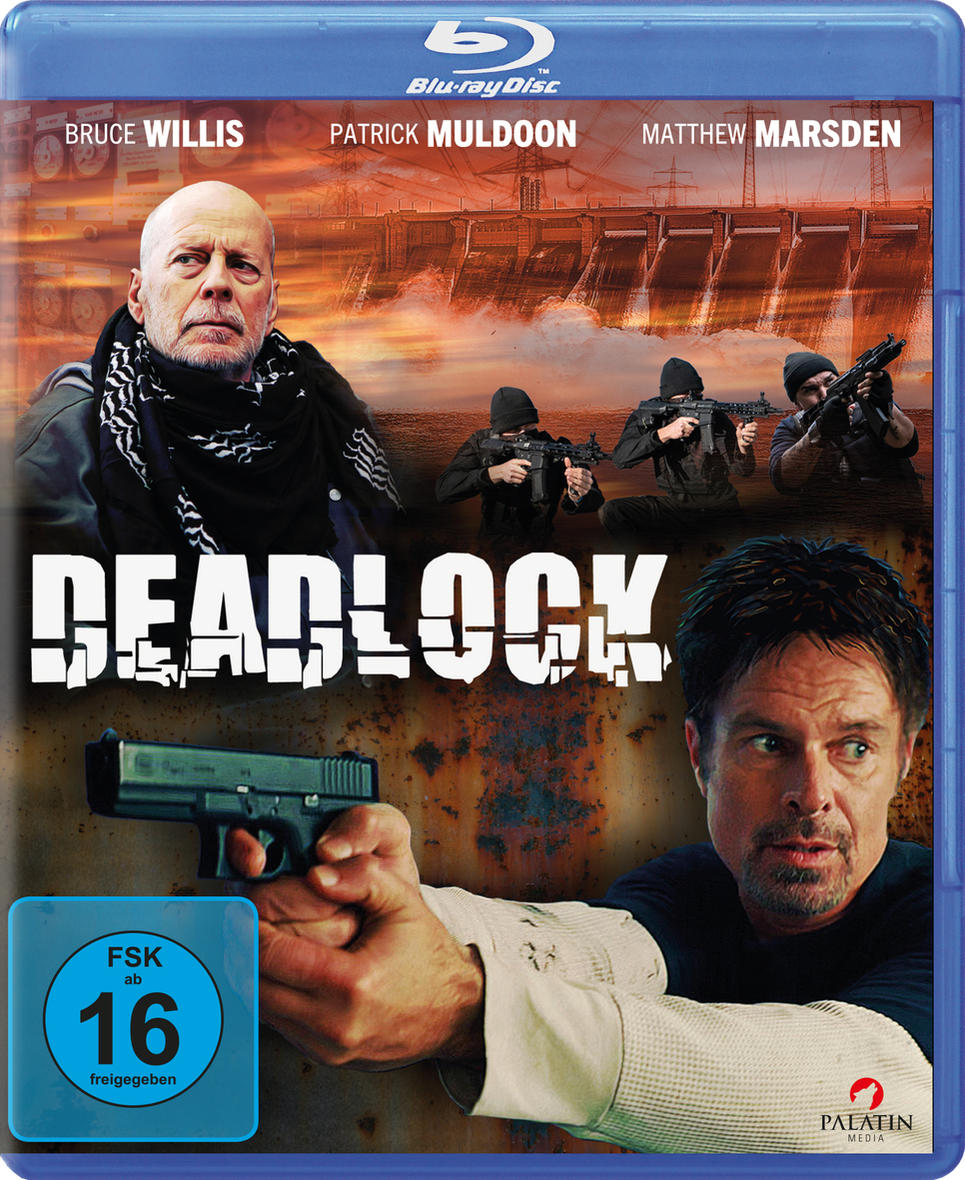 Filmposter mit Bruce Willis, Mann mit Pistole, und Staudamm im Hintergrund.