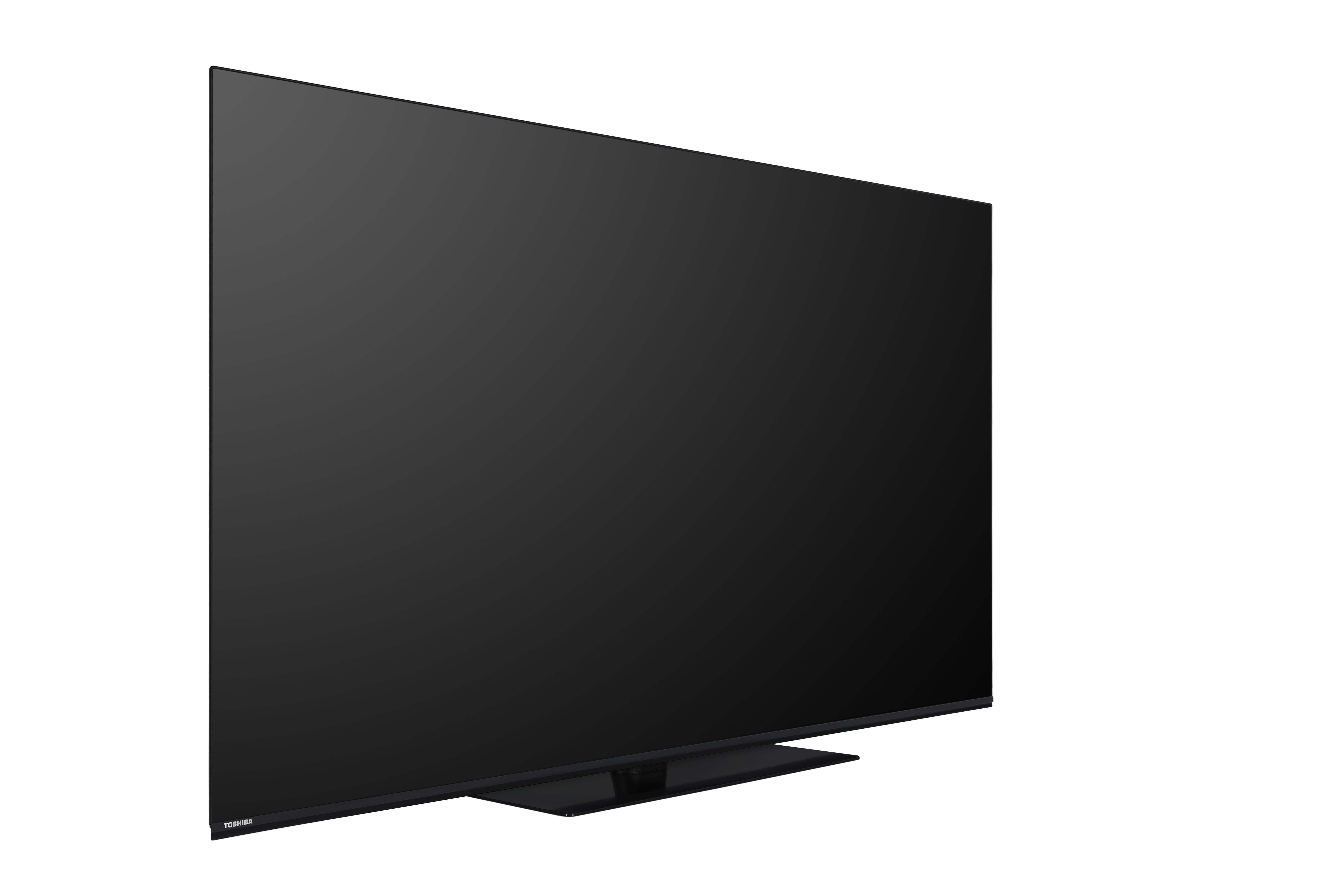 Schwarzer Fernseher, Seitenansicht, angewinkelt vor weißem Hintergrund.