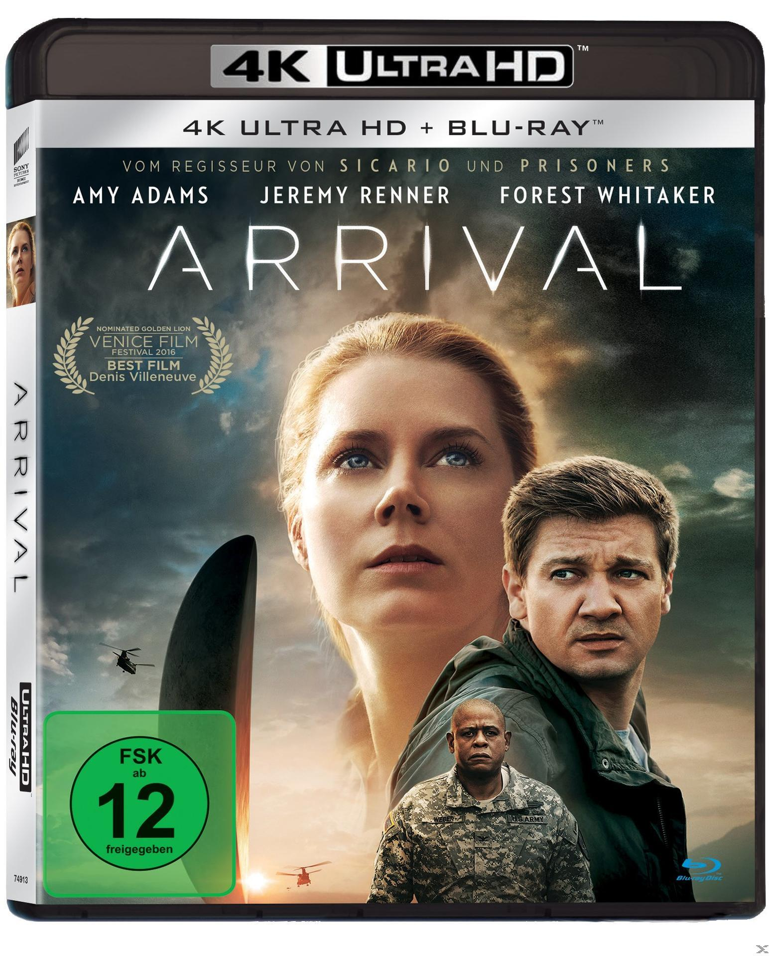DVD-Hülle für den Film 'Arrival' mit Amy Adams und Jeremy Renner.