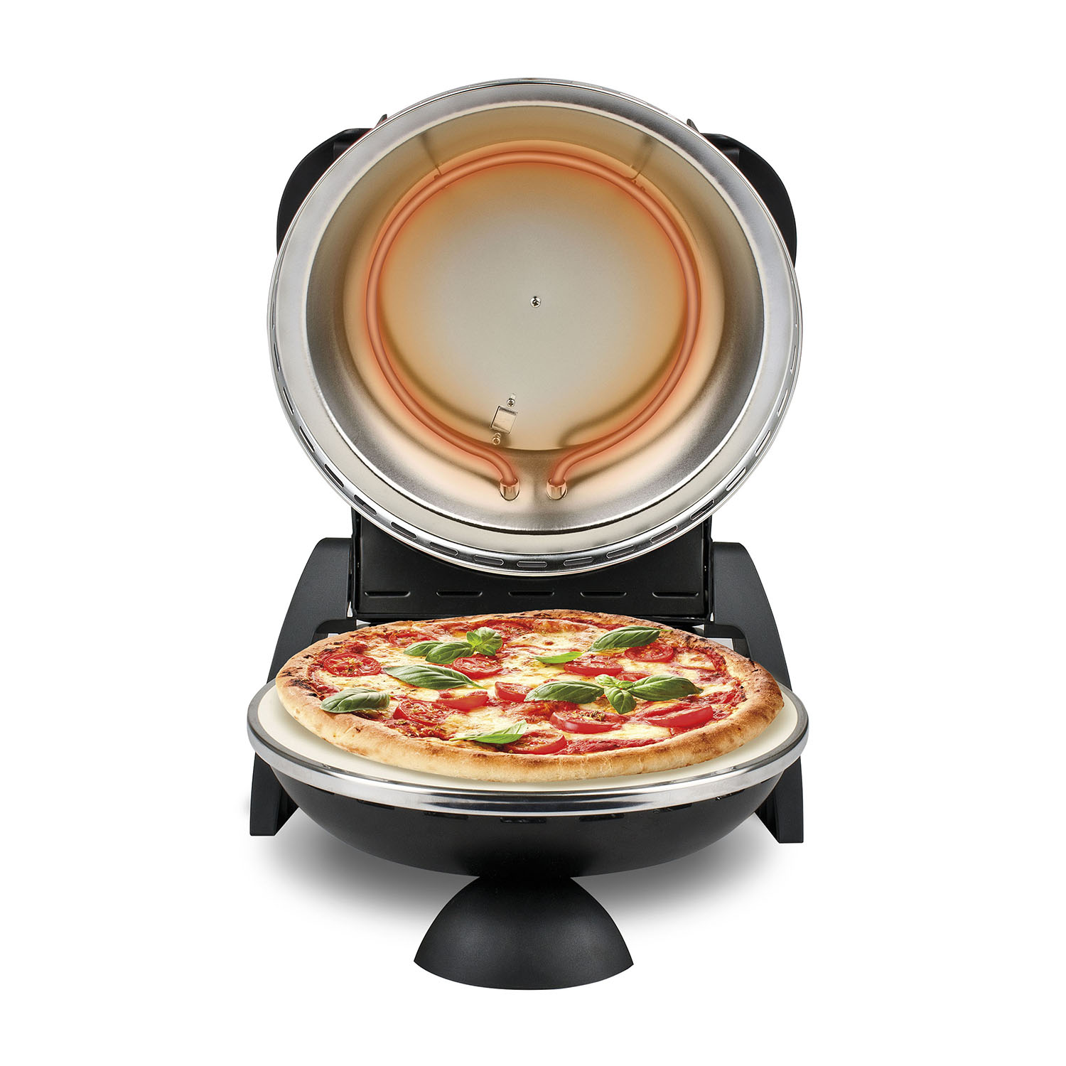 Forno per pizza con pizza all'interno, aperto su superficie bianca.