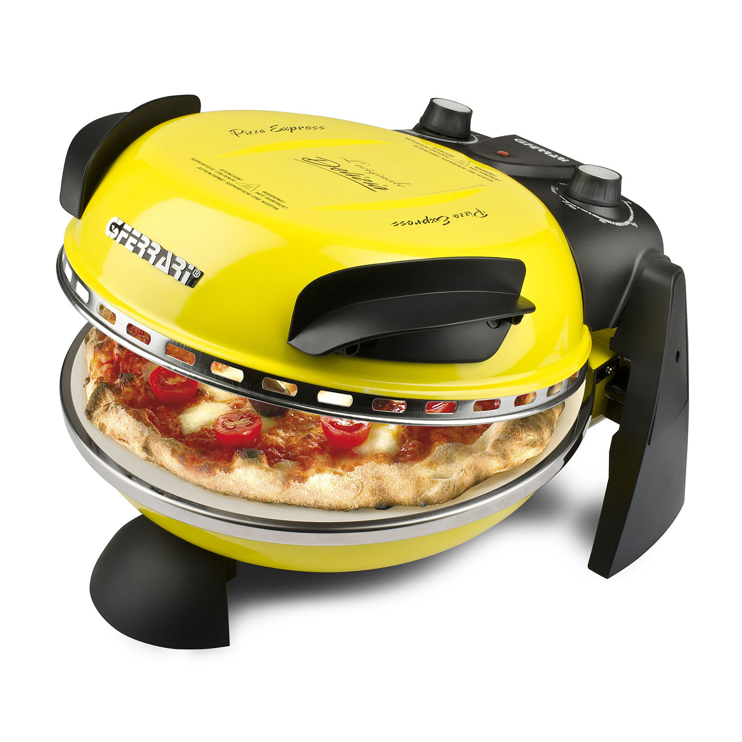 Forno per pizza giallo con coperchio aperto. Una pizza all'interno. Accenti neri. Sfondo bianco.