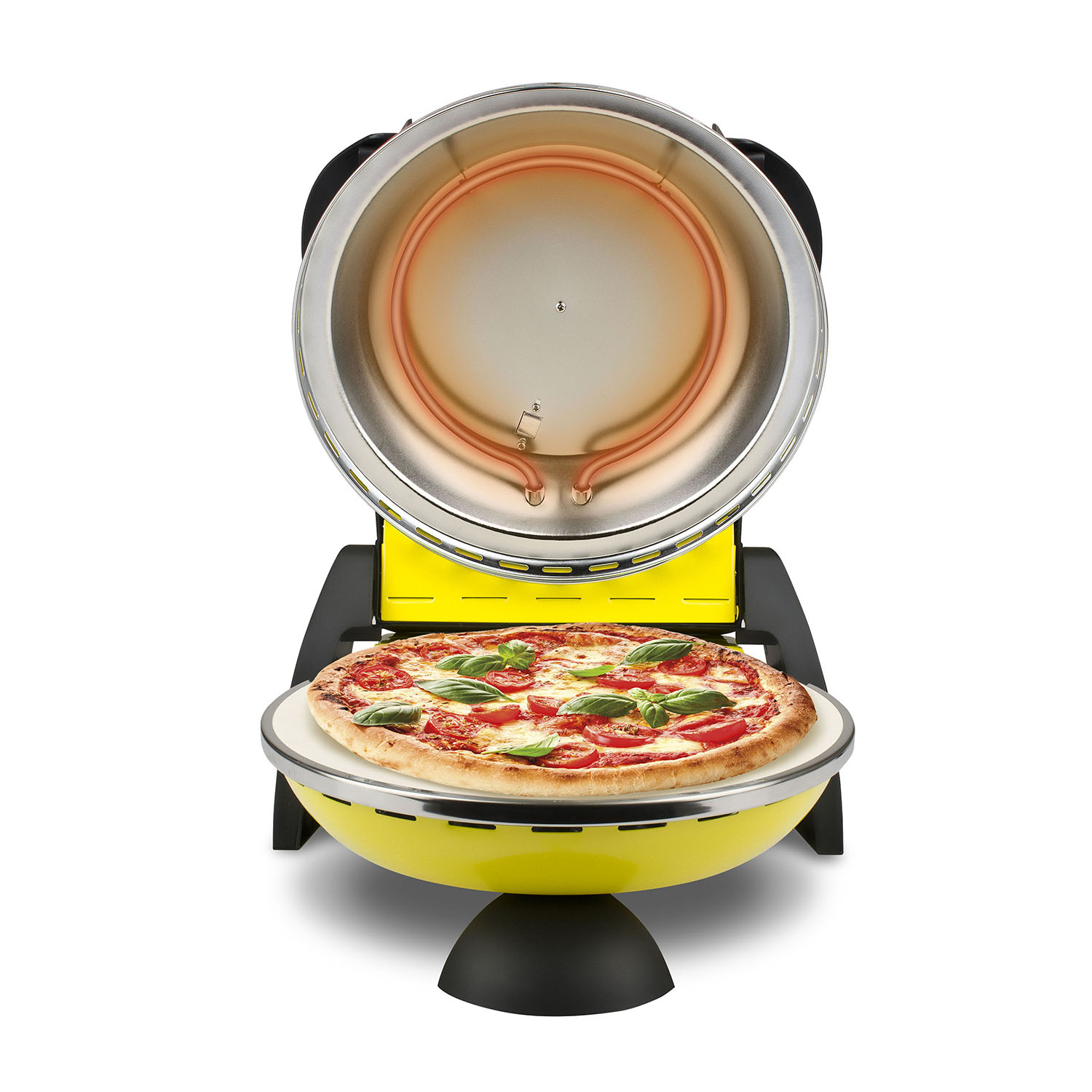 Forno per pizza giallo con pizza all'interno. Il forno è aperto e su sfondo bianco.