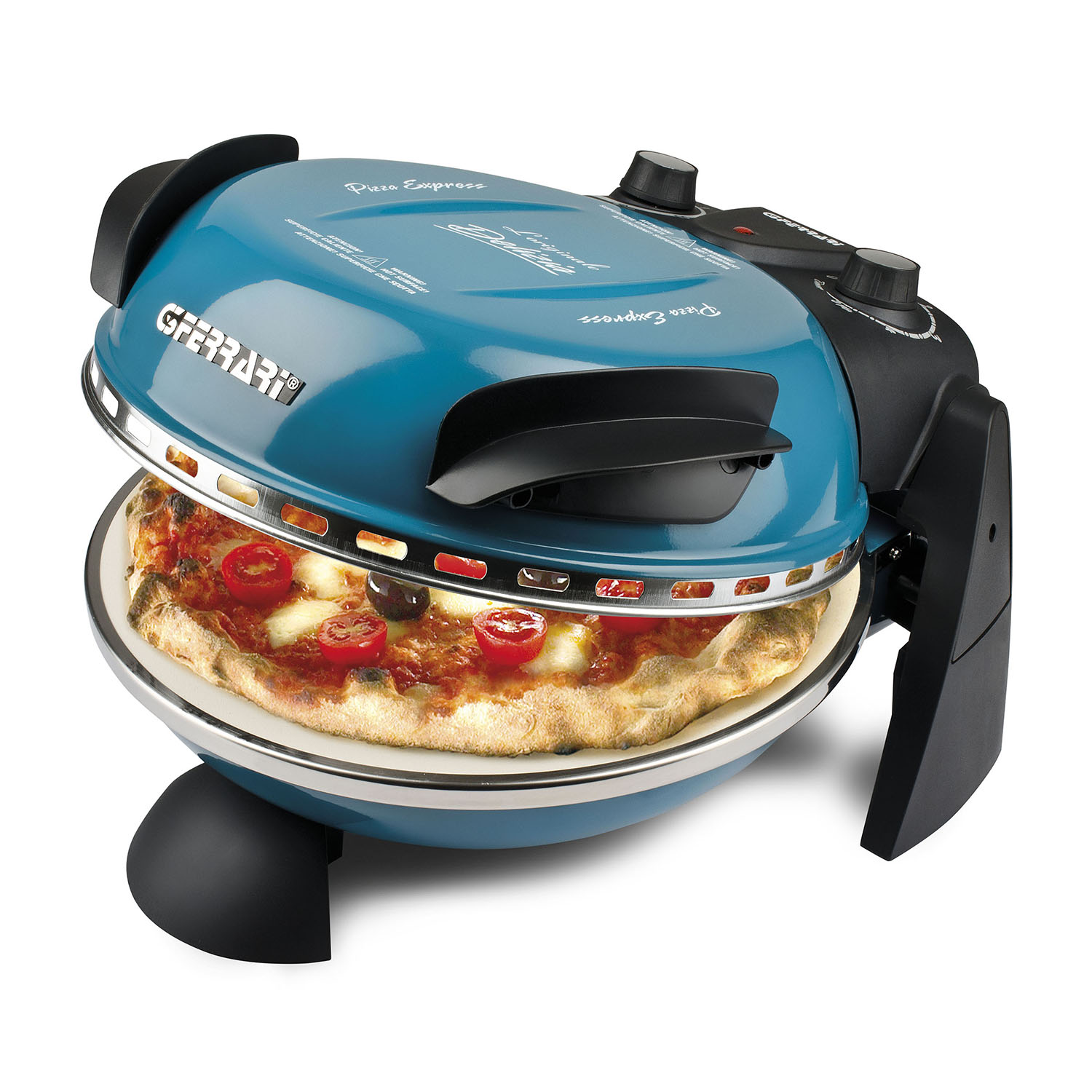 Forno per pizza blu con coperchio aperto, che mostra una pizza con pomodori e olive.