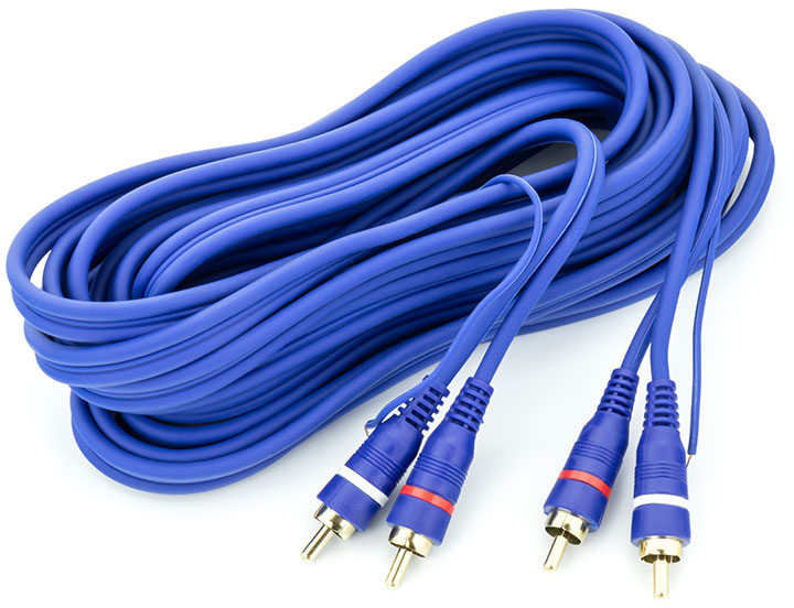 Blue audio cables with red and white connectors, coiled on a white surface.