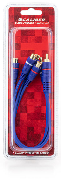 Packaged RCA Y-splitter cables in a transparent plastic container on a white surface.