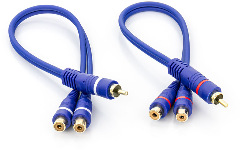Two blue RCA cables with white, red, and gold connectors on a white background.