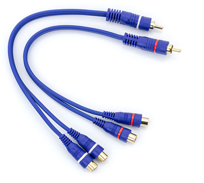 Blue RCA cables. Six RCA connectors on three cables, arranged on a white background.
