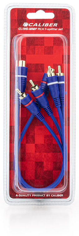 A Y-splitter cable set in a clear plastic package. It has blue cables and gold connectors.