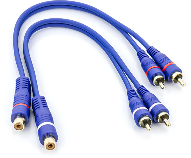 Two blue RCA cables with red and white connectors. The cables are on a white background.