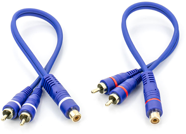Two blue audio cables with multiple connectors, for audio devices.