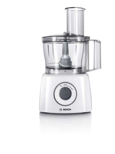 Weißer Foodprocessor mit transparentem Behälter und grauem Drehregler.