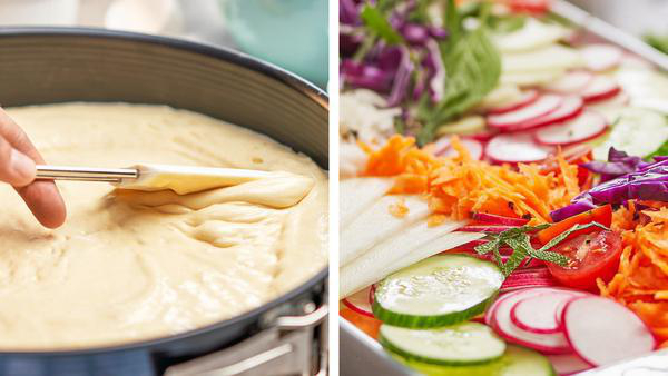 Zwei Bilder: Kuchenteig wird in einer Pfanne glatt gestrichen und ein Tablett mit Gemüse.