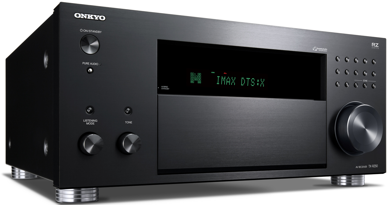 Schwarzer Onkyo-Receiver. Die Frontplatte mit Tasten und Display ist sichtbar. Silberfüße stützen das Gerät.