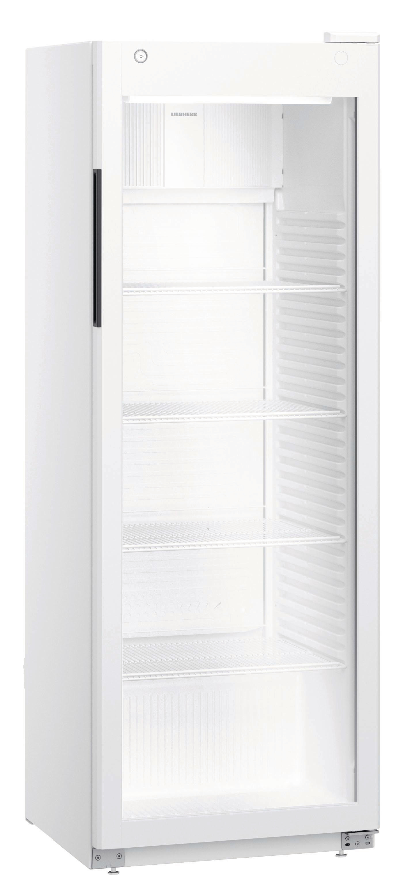 Hoher weißer Kühlschrank mit Glastür, leeren Regalen und einem schwarzen Griff.