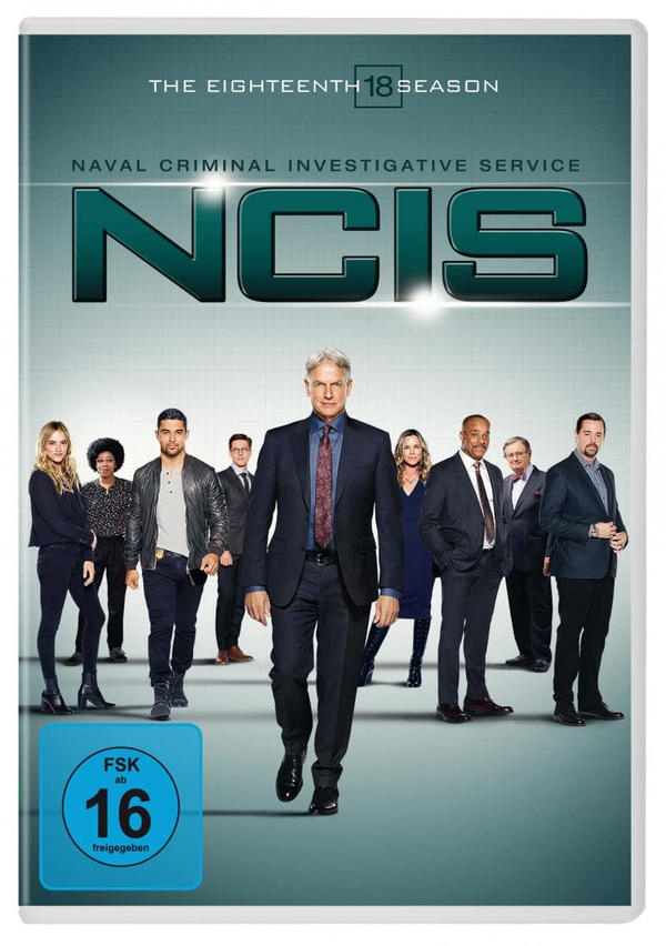 NCIS DVD-Cover. Eine Gruppe von Leuten in Anzügen, mit einem Logo.