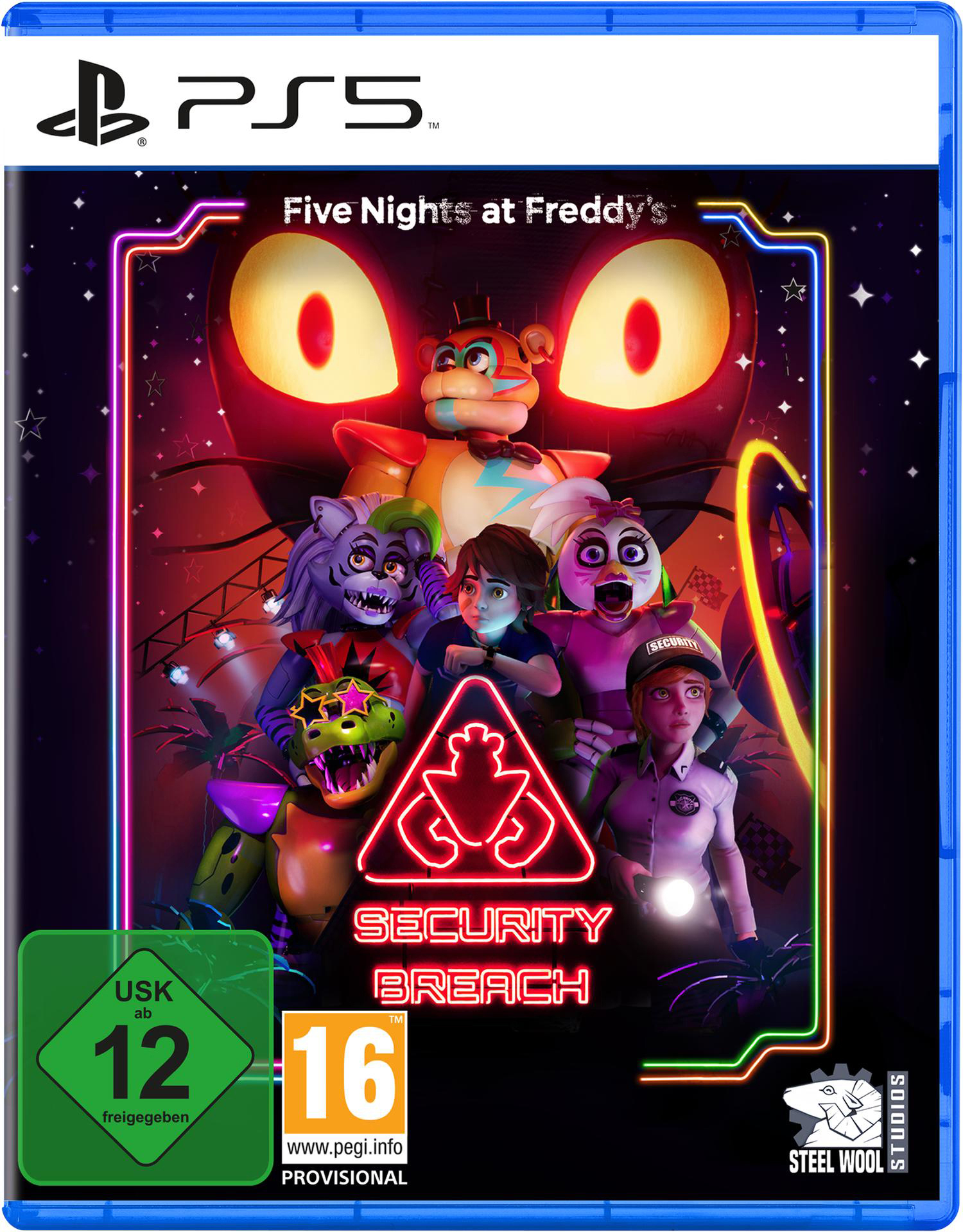 Spielcover mit Charakteren aus Five Nights at Freddy's: Security Breach.