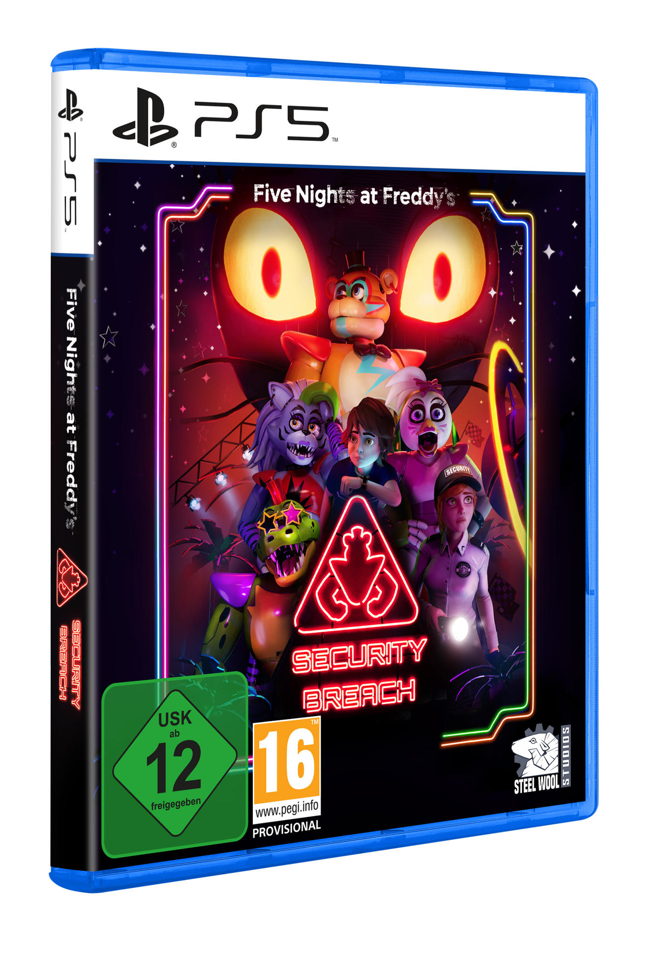 PS5-Spielbox für 'Five Nights at Freddy's: Security Breach', farbenfrohes Cover-Artwork.