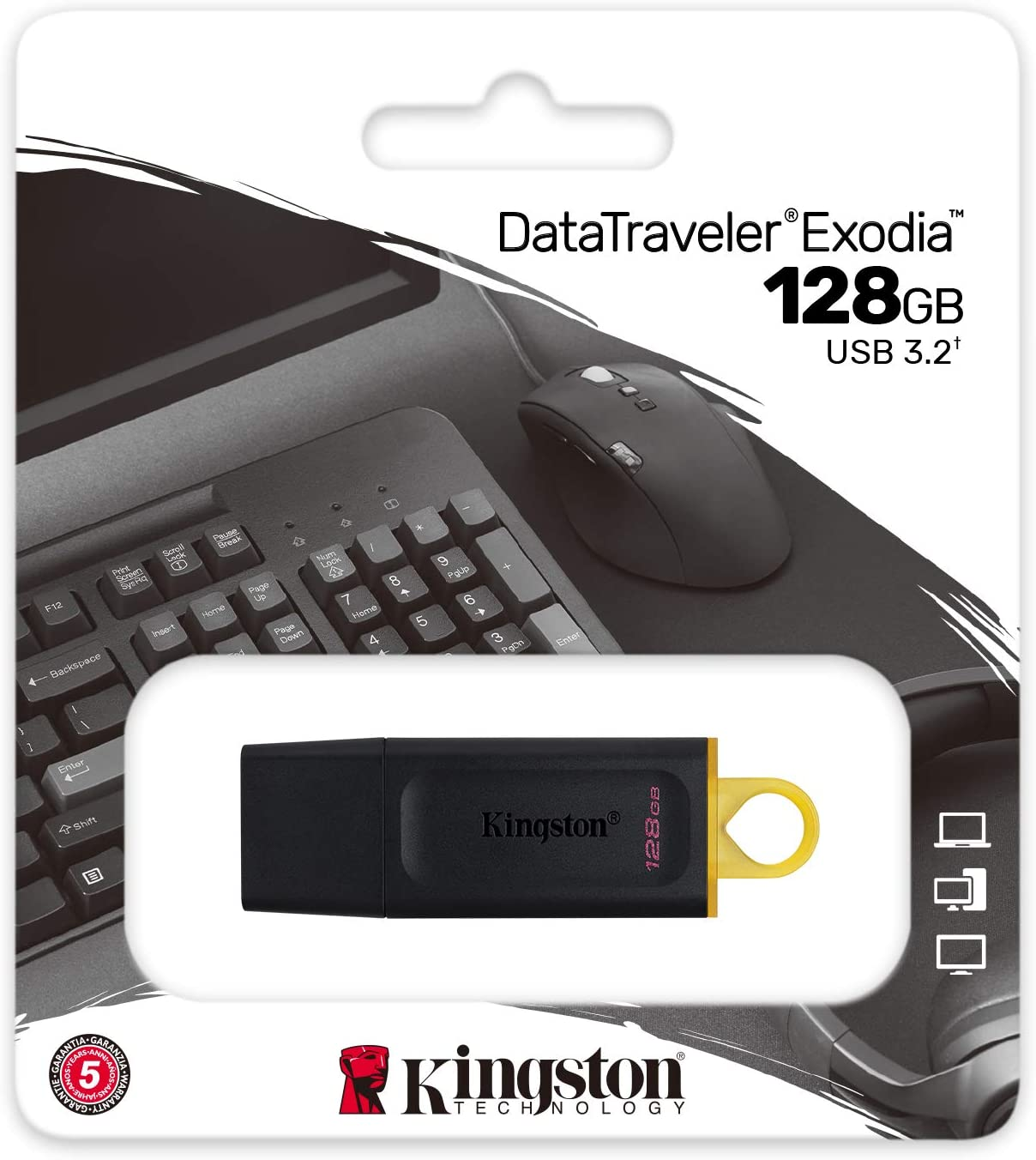 Fekete-sárga USB flash meghajtó csomagolásban, billentyűzettel és egérrel.
