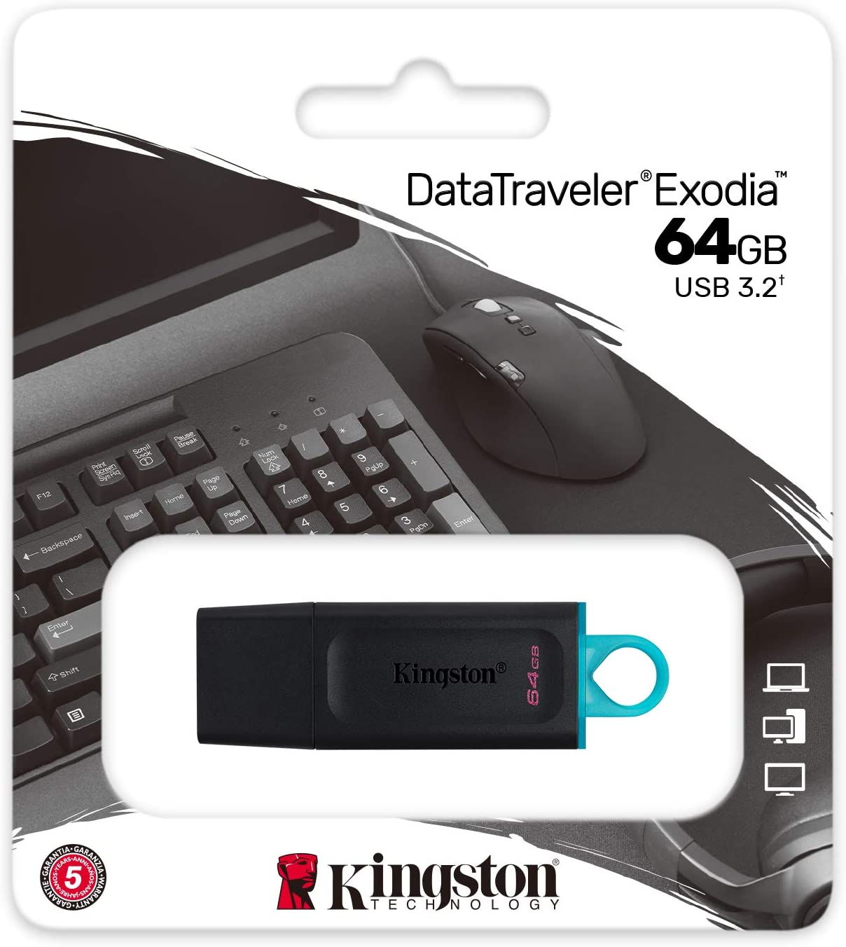 DataTraveler Exodia USB-meghajtó csomagolásban billentyűzettel és egérrel. Fehér háttér.