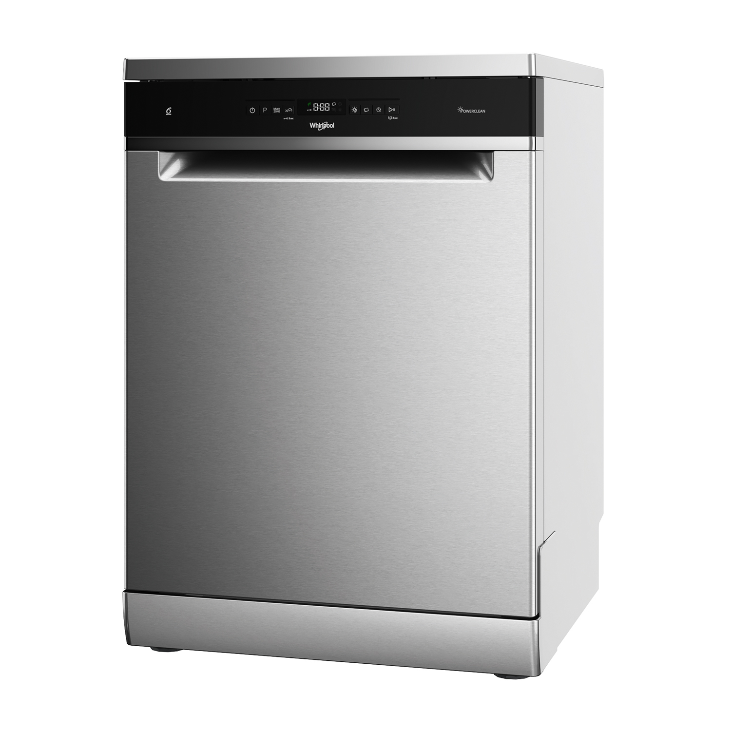 Lavastoviglie argento e bianca, frontale in acciaio inox, pannello superiore nero, sfondo bianco.