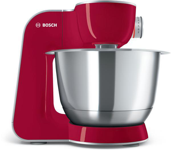 Ein roter Bosch-Küchenmixer mit Edelstahlschüssel auf weißem Hintergrund.
