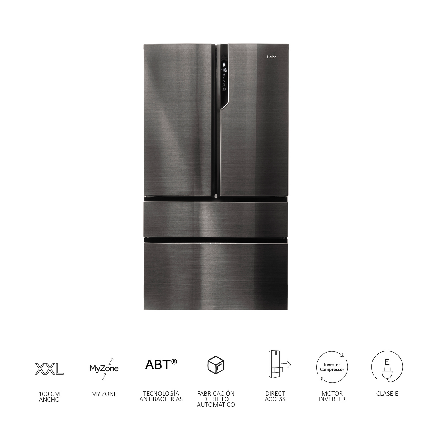 Refrigerador metálico oscuro. Tiene tres puertas y pantalla digital.
