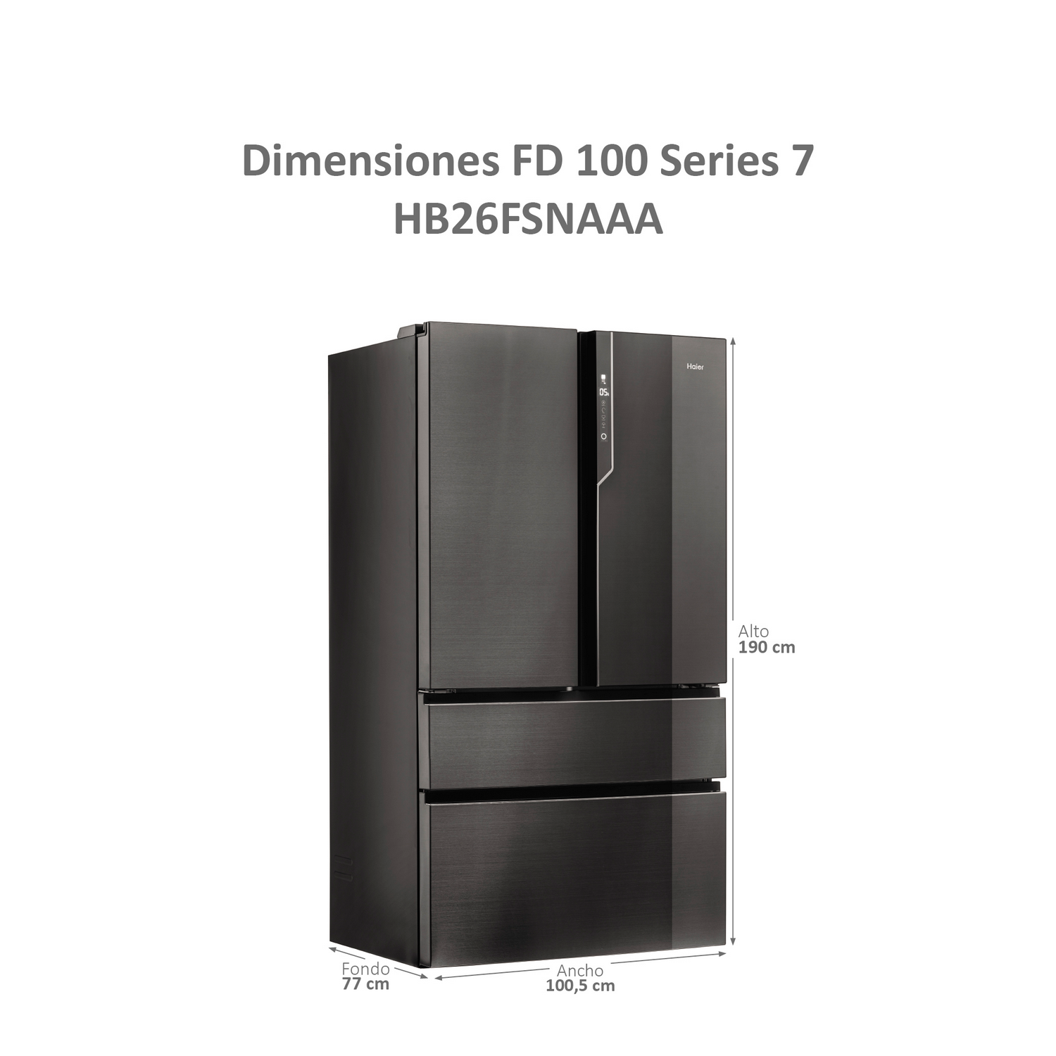 Un refrigerador negro con tres puertas y dimensiones mostradas. Tiene un logo 'Haier' y texto.