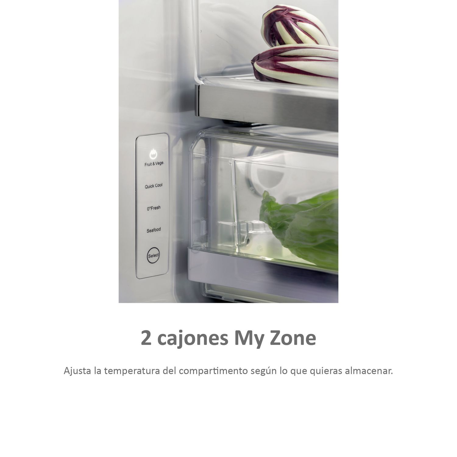 Interior de refrigerador con verduras y etiquetas. Texto: 2 cajones My Zone.