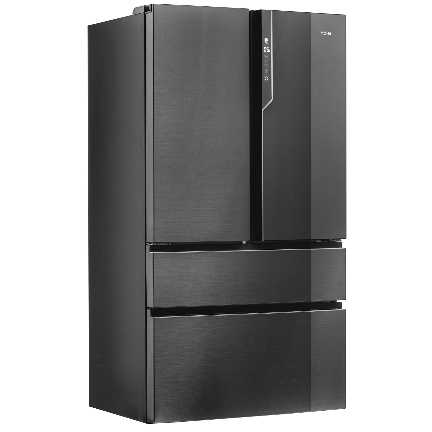 Un refrigerador Haier negro con múltiples puertas y cajones contra un fondo blanco.